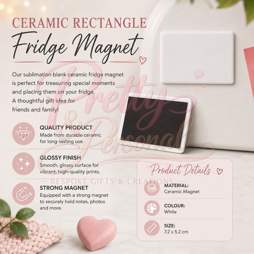 Personalised ceramic rectangle fridge magnet product details, 7.2 by 5.2 centimetres