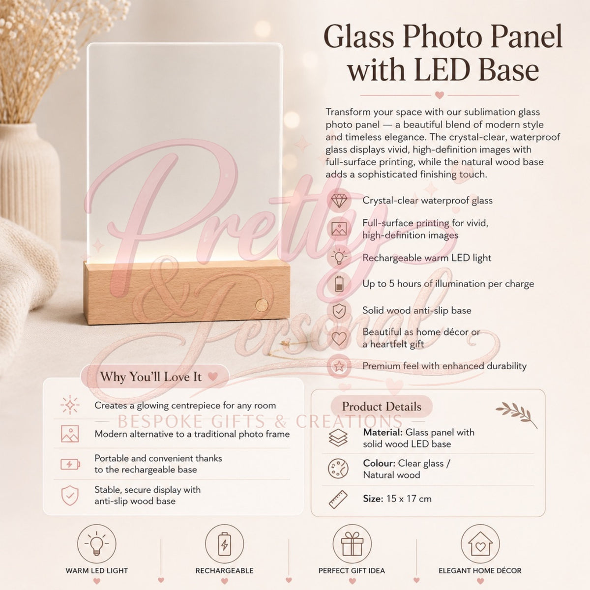 Personalised glass photo panel with rechargeable warm LED wooden base product details