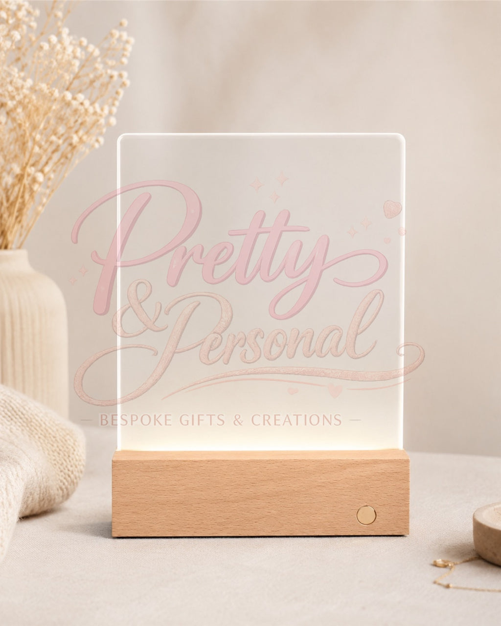 Blank glass photo panel illuminated in a rechargeable wooden LED base