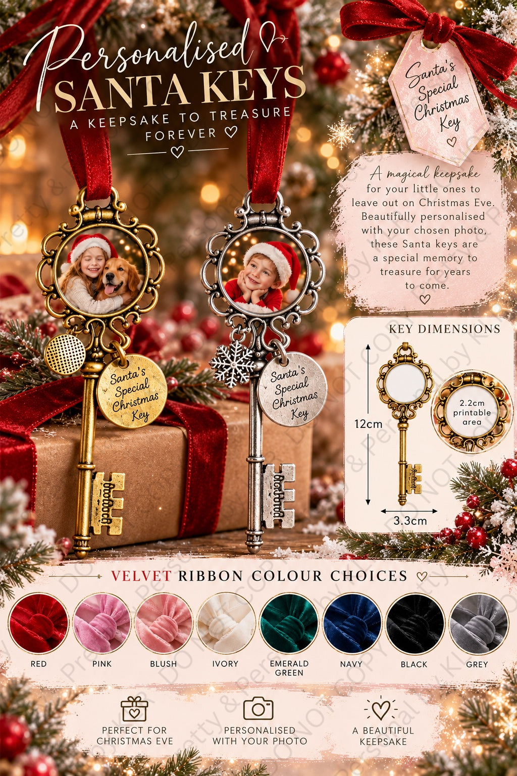 Photo Santa key size 12cm and ribbon colours red pink blush ivory green navy black grey