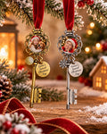 Personalised photo Santa magic keys in antique gold and silver with red velvet hanging ribbons