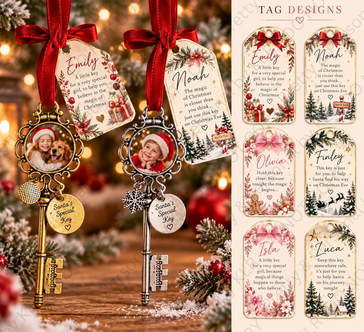 Six personalised Santa key Christmas hanging gift tag designs with children's names