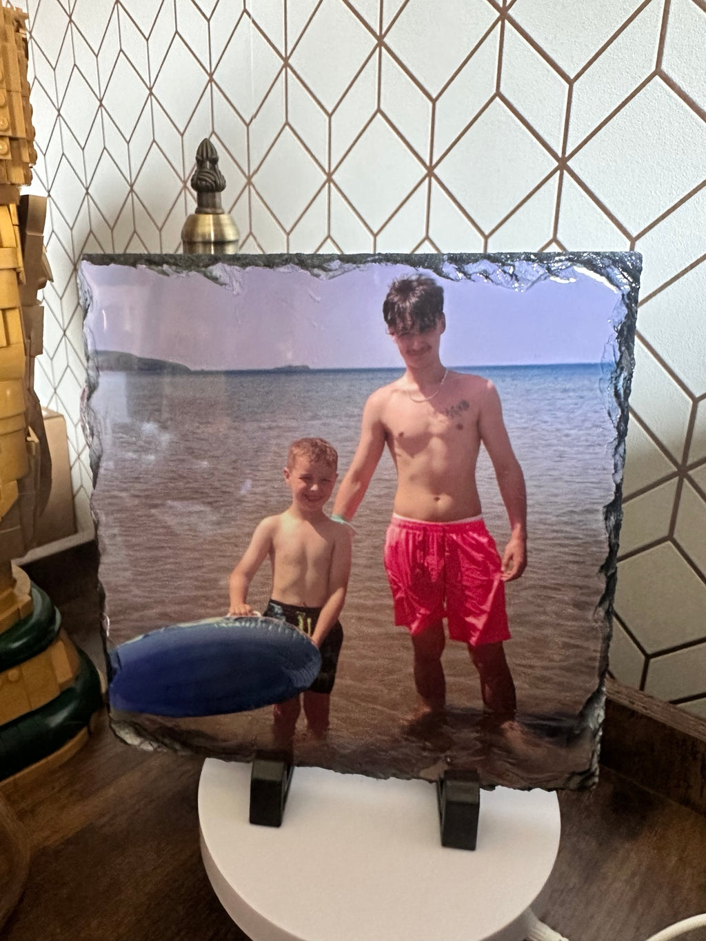 Personalised photo slate featuring a beach memory