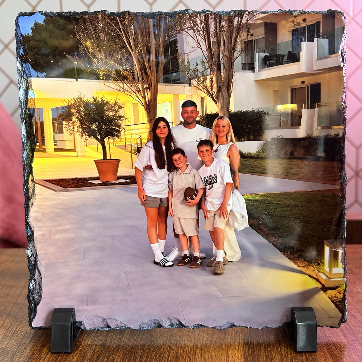 Personalised family photo slate on display stands
