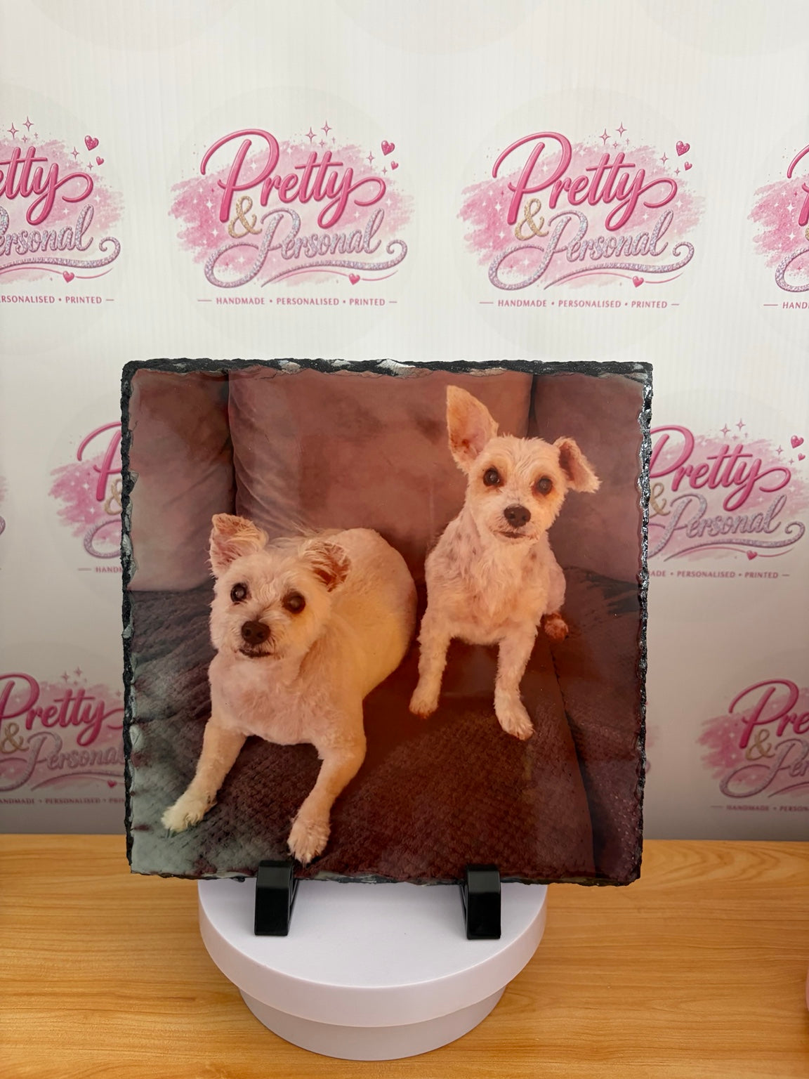 Personalised photo slate featuring two dogs