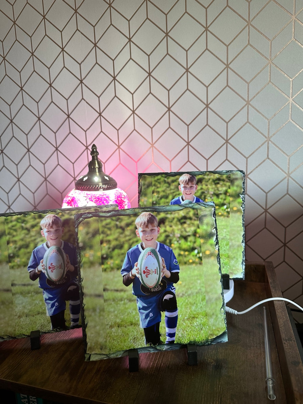 Personalised photo slates shown in two sizes