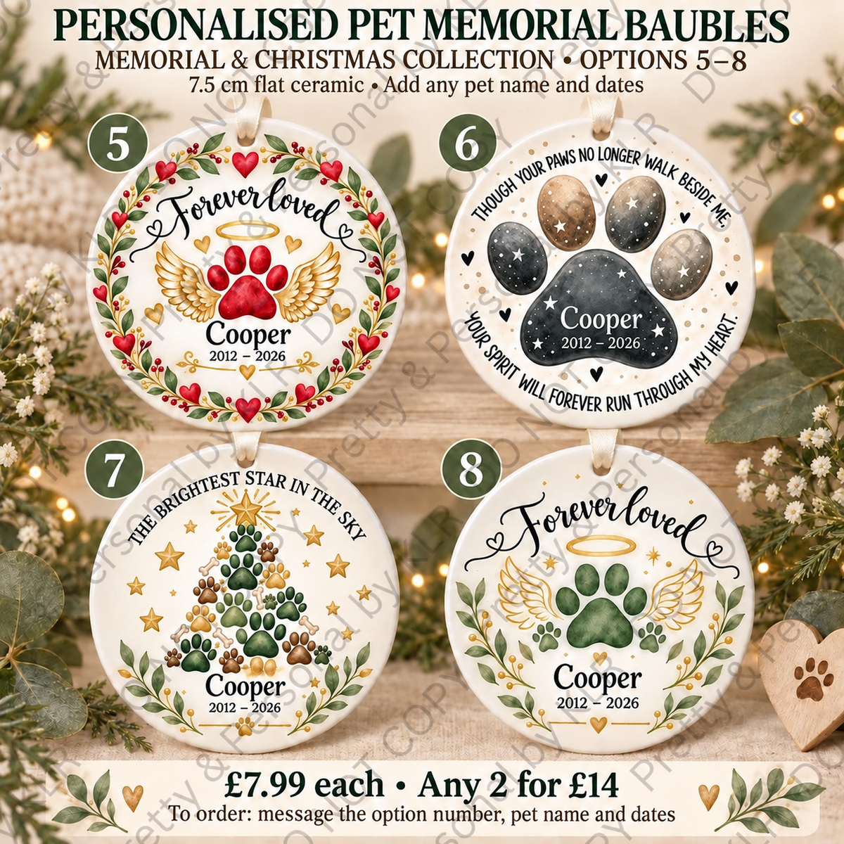 Pet memorial bauble options 5 to 8 – 7.5 cm