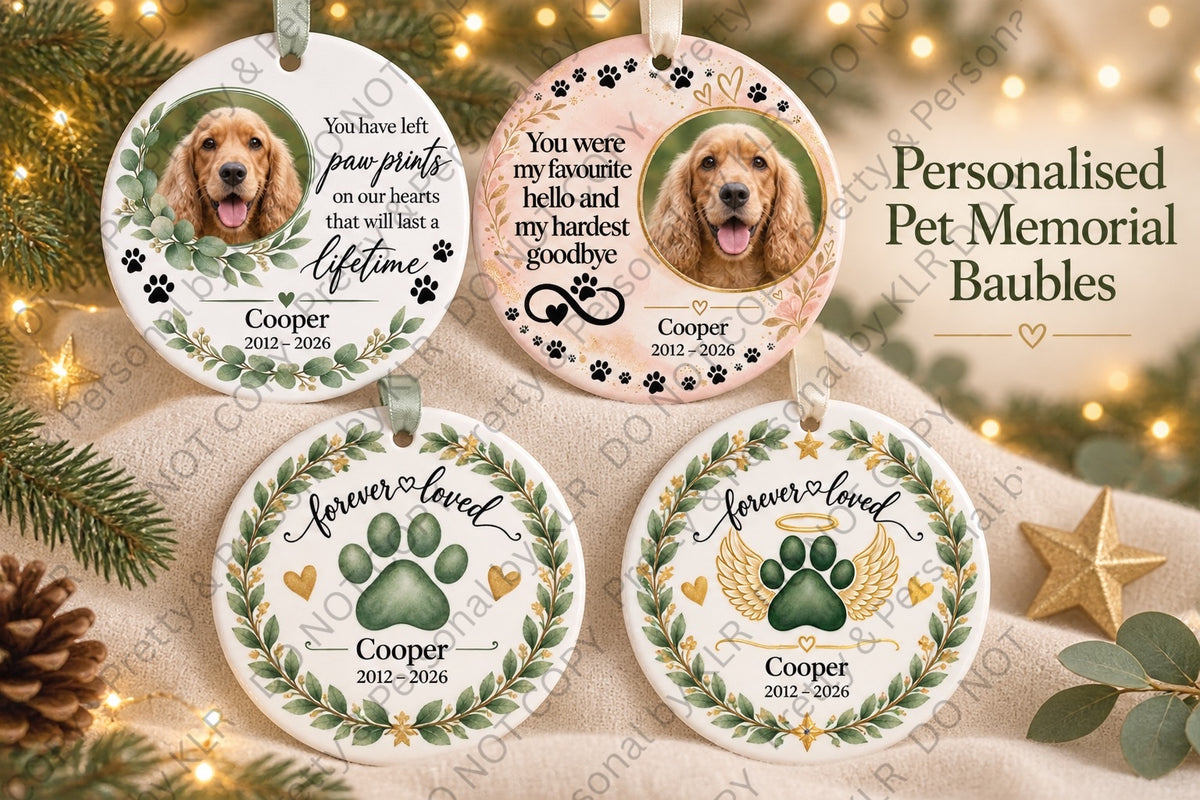 Pet memorial bauble collection close-up