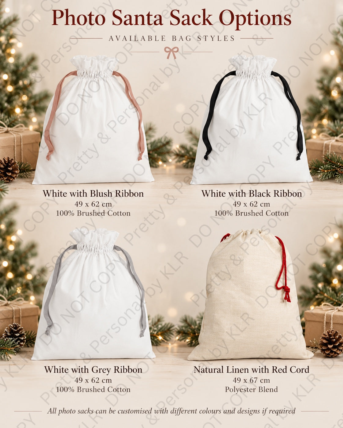Four available photo Santa sack fabric and ribbon options