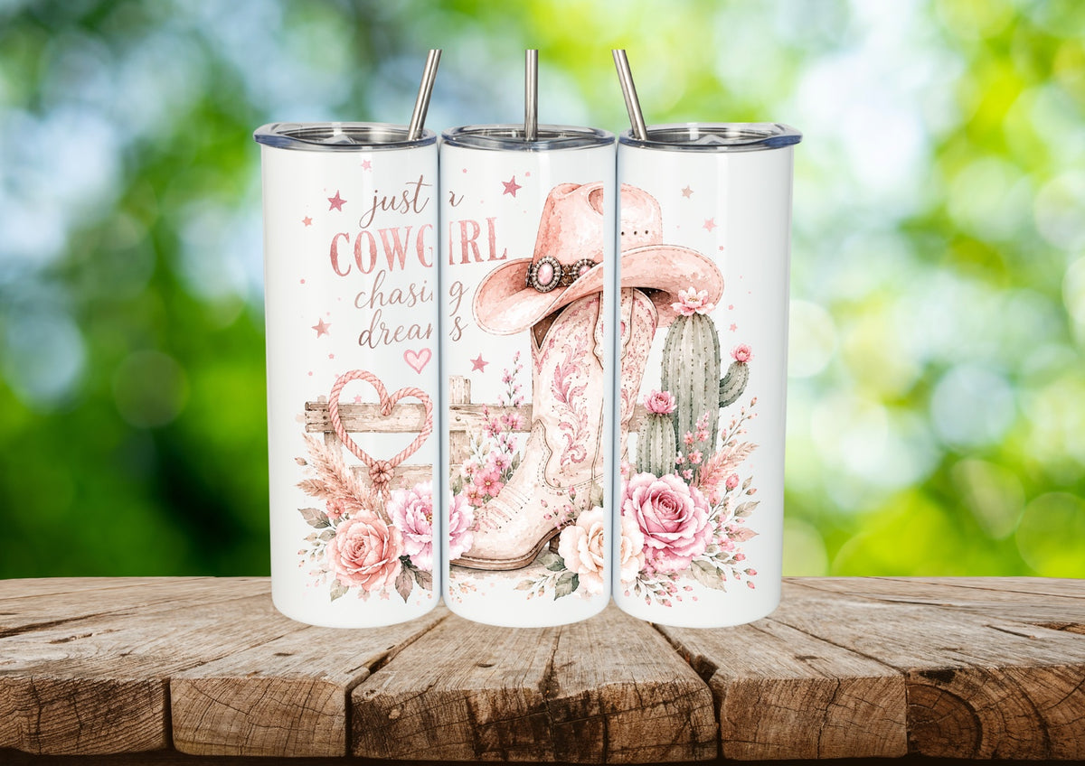 Pink Just a Cowgirl Chasing Dreams 20 oz skinny tumbler