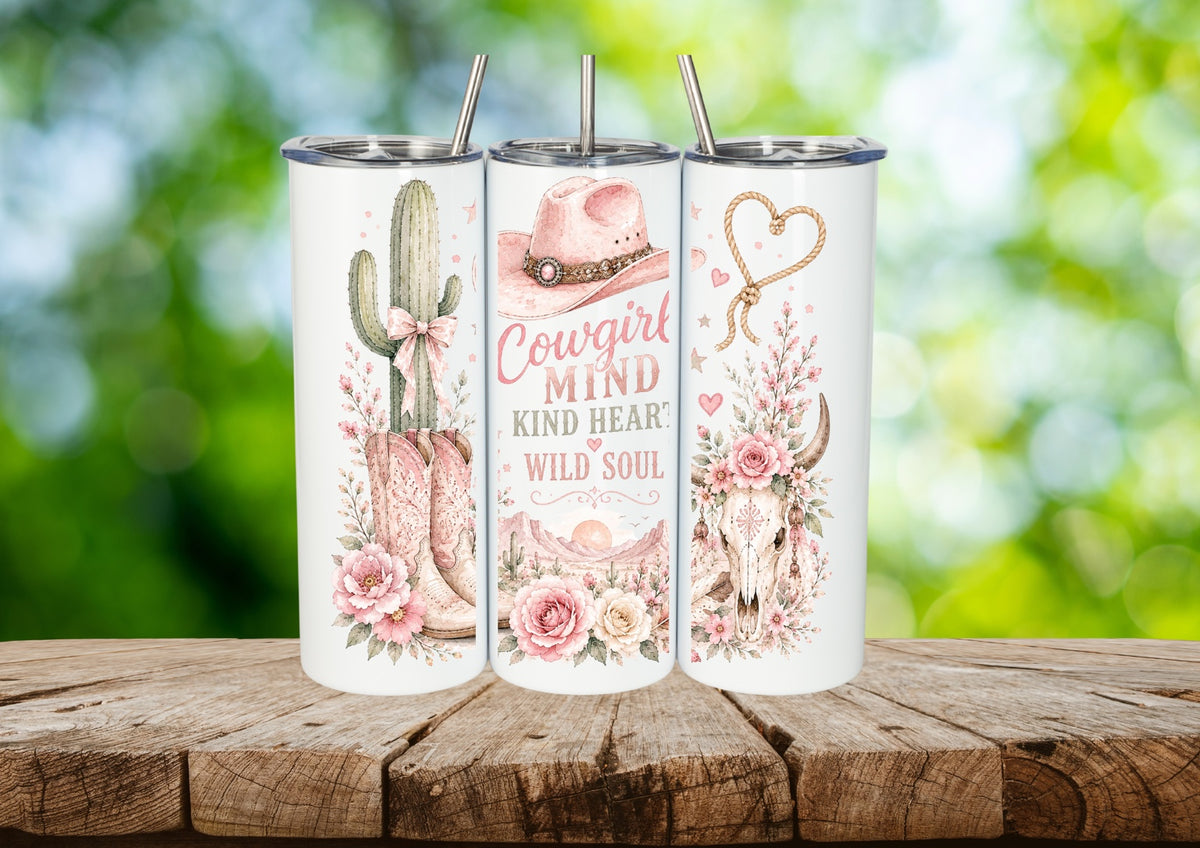 Pink Cowgirl Mind Kind Heart Wild Soul 20 oz skinny tumbler