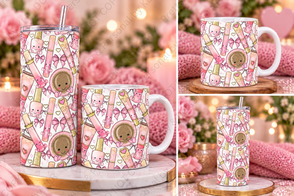 Matching pink makeup tumbler and mug