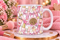 Pink makeup ceramic coffee mug with cute lipstick gloss compact and bow pattern