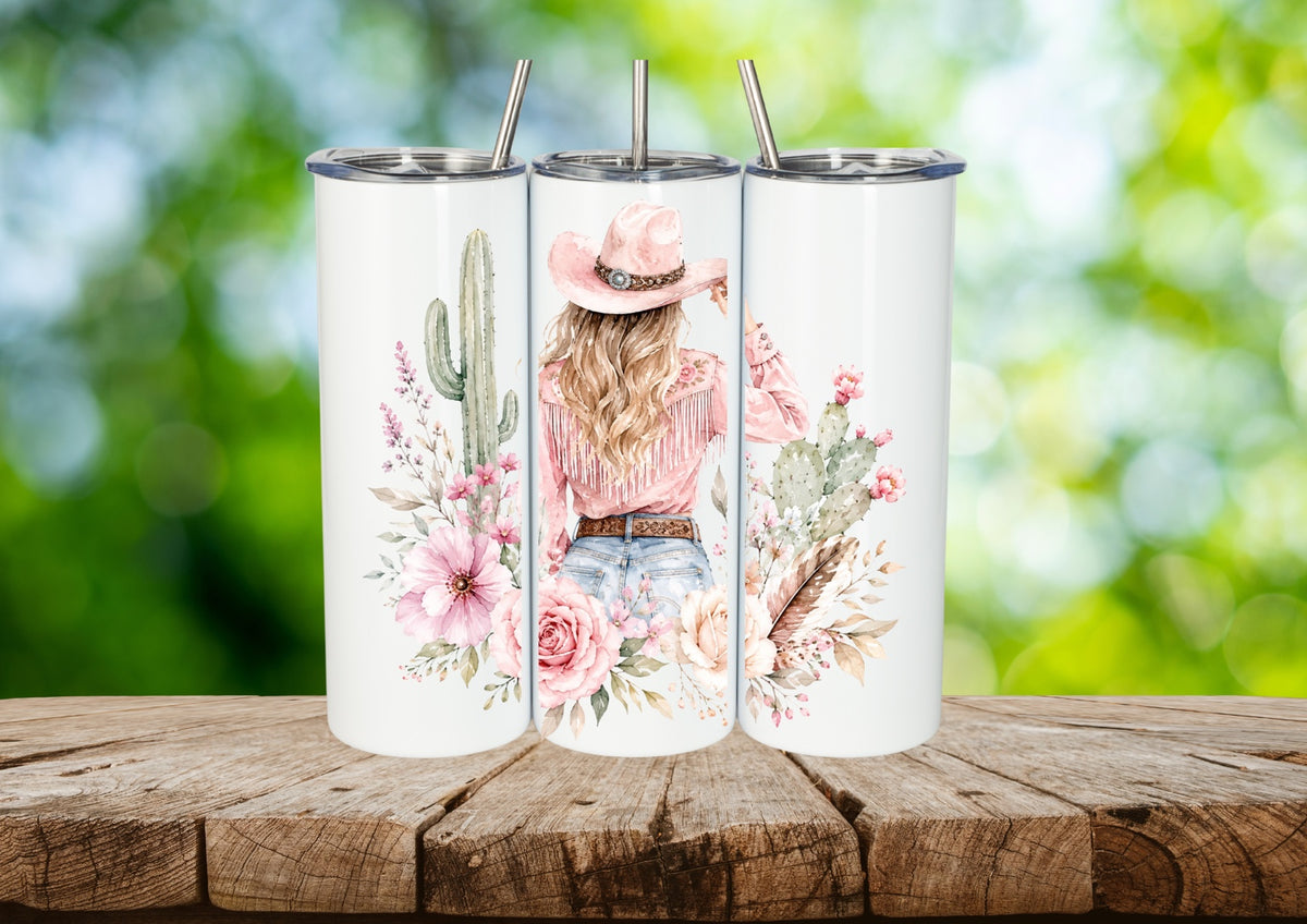 Pink western cowgirl 20 oz skinny tumbler