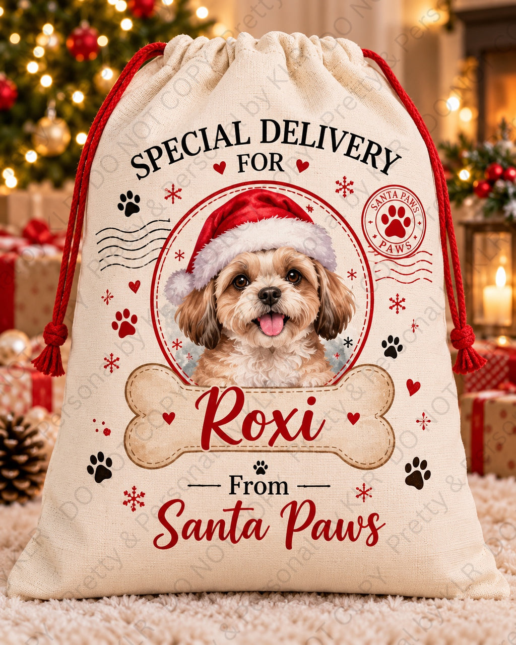Personalised Santa Paws dog Christmas sack — bone