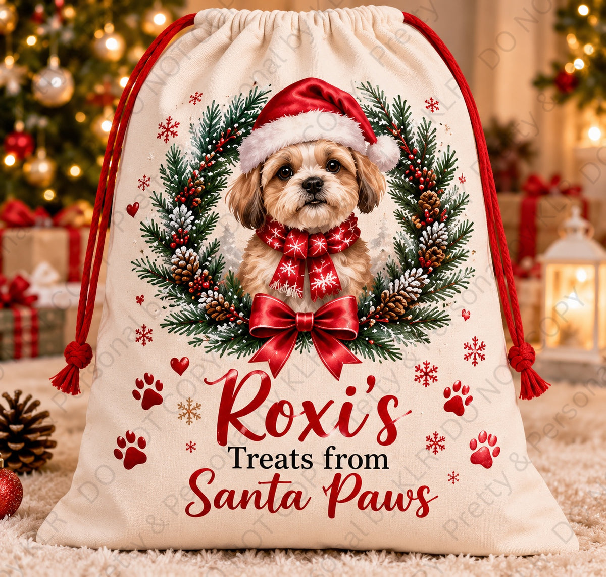 Personalised Santa Paws dog Christmas sack — wreath
