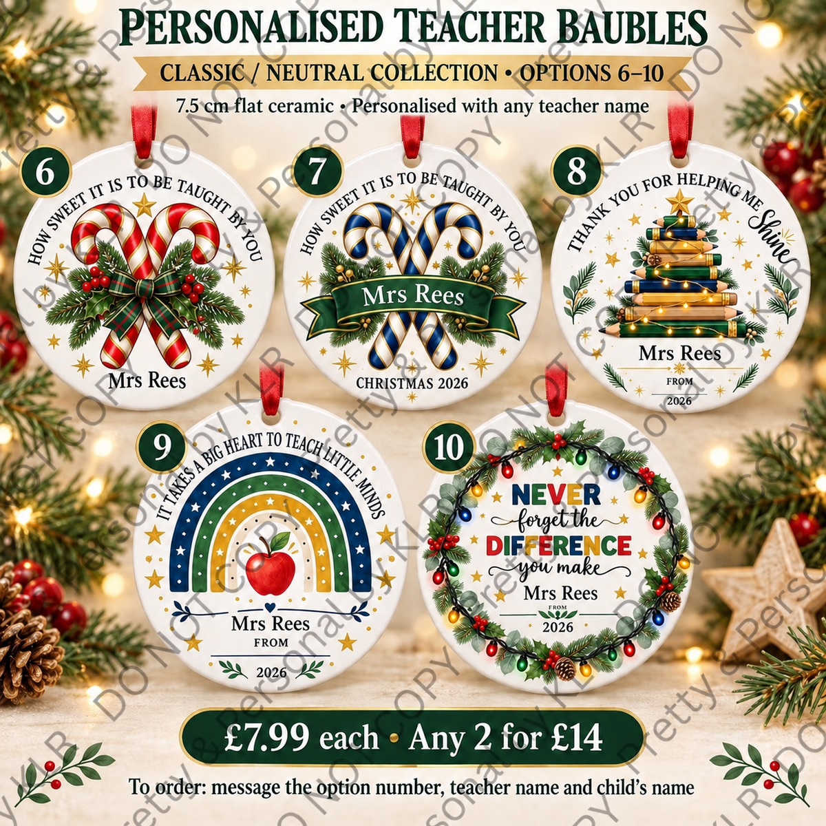 Teacher bauble classic options 6 to 10 – 7.5 cm