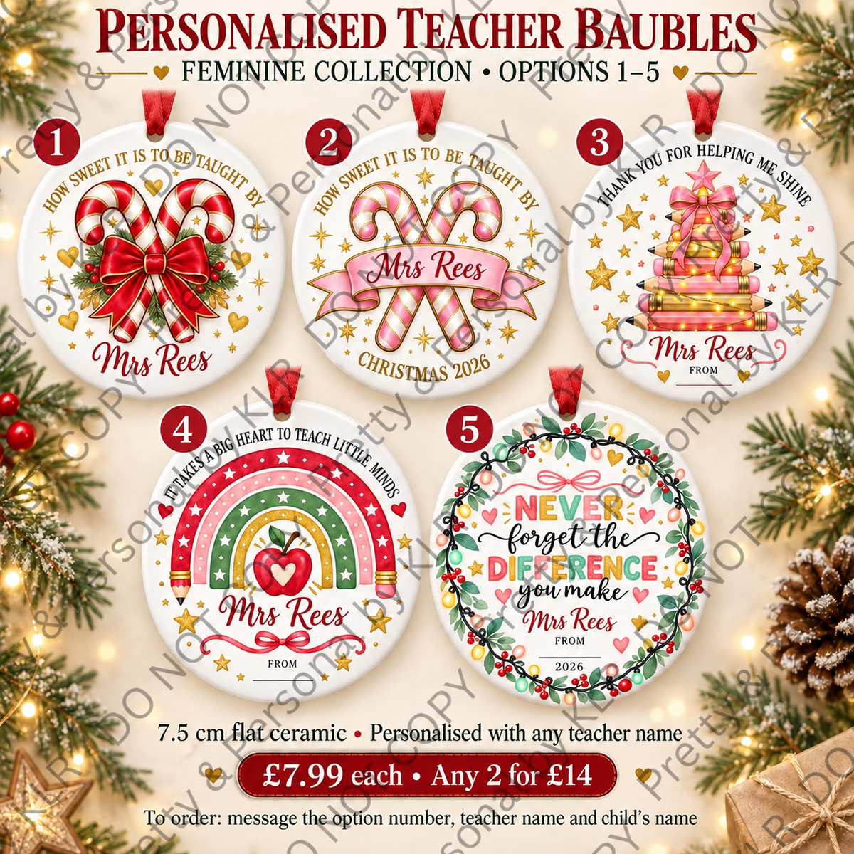 Teacher bauble feminine options 1 to 5 – 7.5 cm
