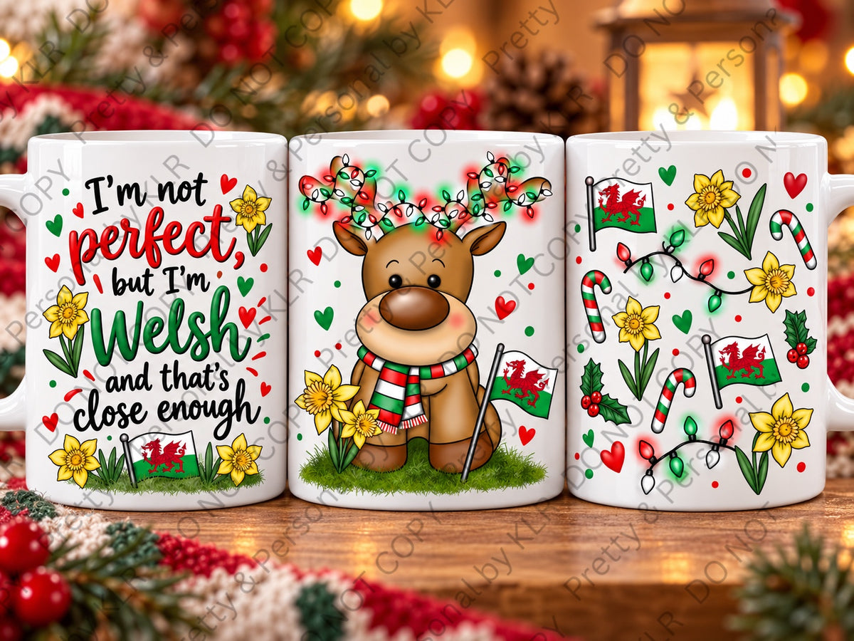 Welsh Christmas reindeer mug — not-perfect-welsh