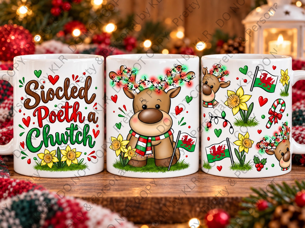 Welsh Christmas reindeer mug — siocled-poeth